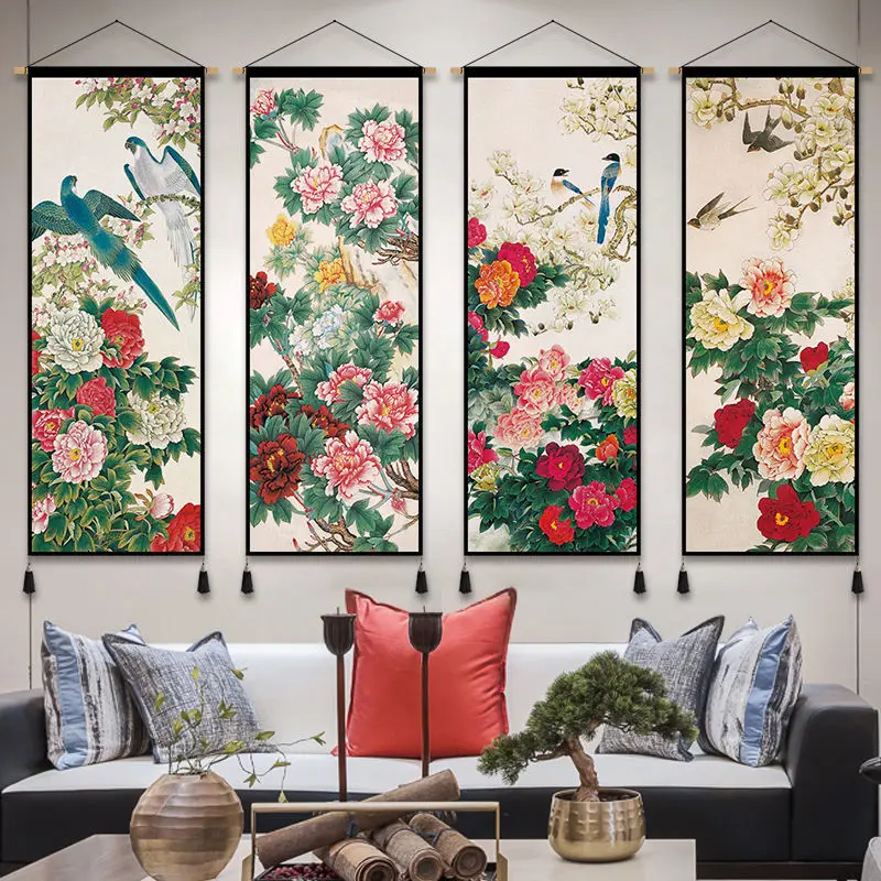 Chinese Peony Flower Bird Hanging Paintings with Wealth Wealth Implications Tapestry Living Tea Room Study Decoration Painting