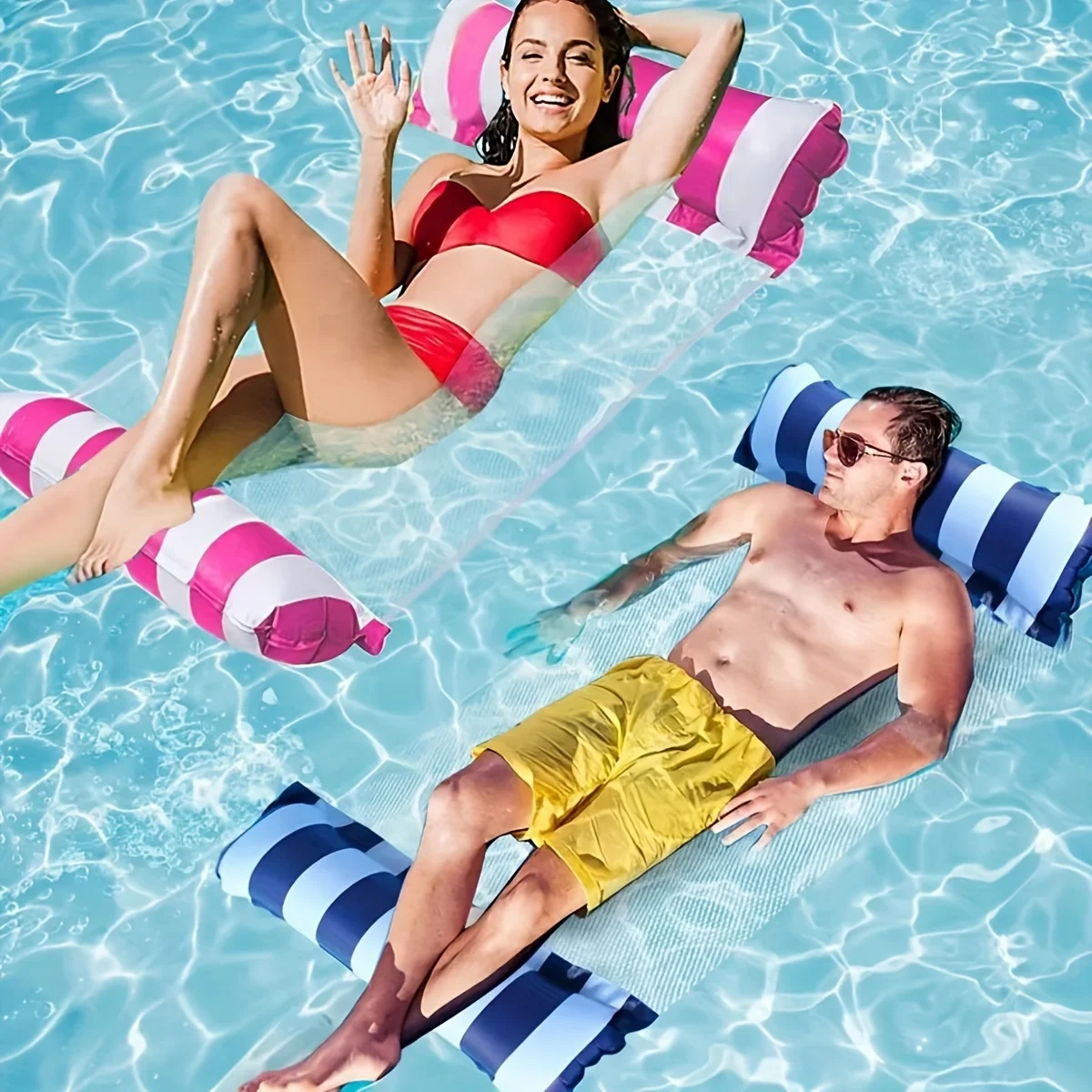 Striped Inflatable Foldable Lounge Chair with Net Backrest for Pool and Beach Relaxation