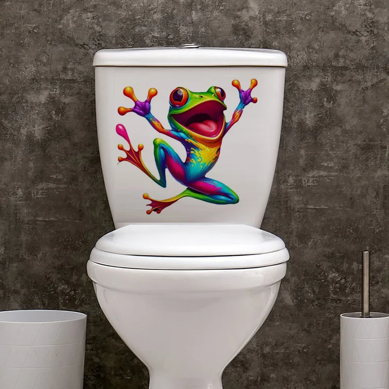 Colorful Funny Green Frog Jumping Toliet Stickers, Cartoon Frog Vinyl Decal For Toilet Lid, Bathroom Decor