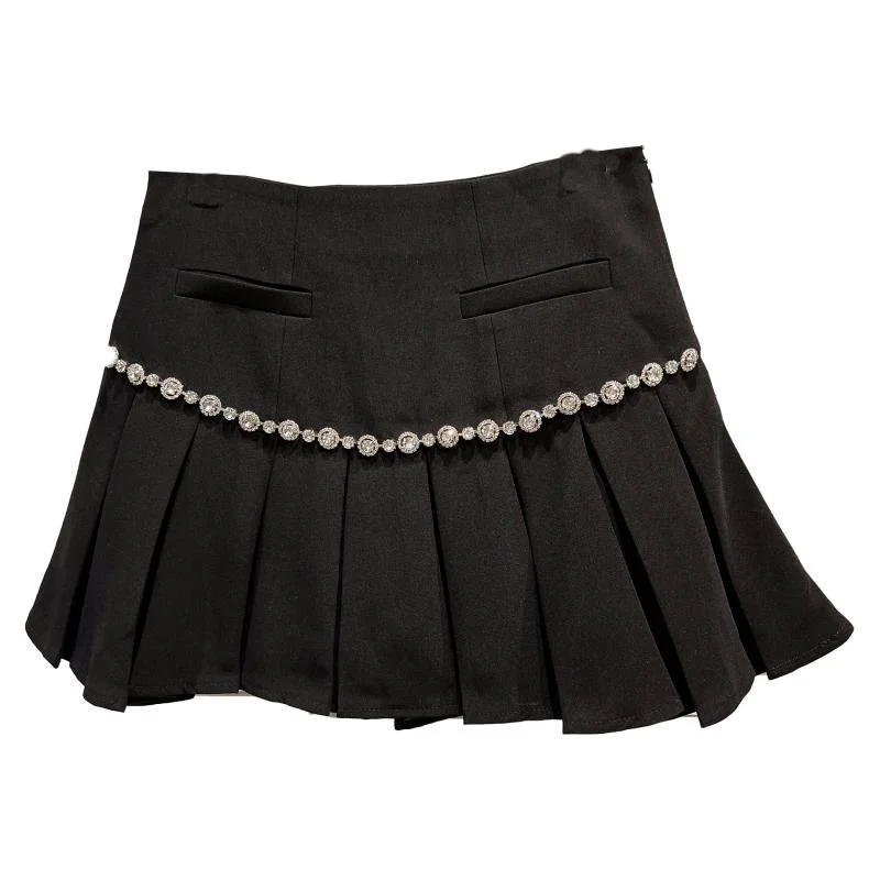 DEAT Women Rhinestone Edge Design Solid Color Pleated Skirt New High Waist Fashion Temperament Spring Summer 2022 11D9406 black mini skirt