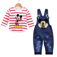Spring 0-3 Years Baby Boy Clothes Set Baby Cartoon Mickey Minnie Long Sleeve Shirt + Jumpsuit Jeans Suits Toddler Boy Outfit 2