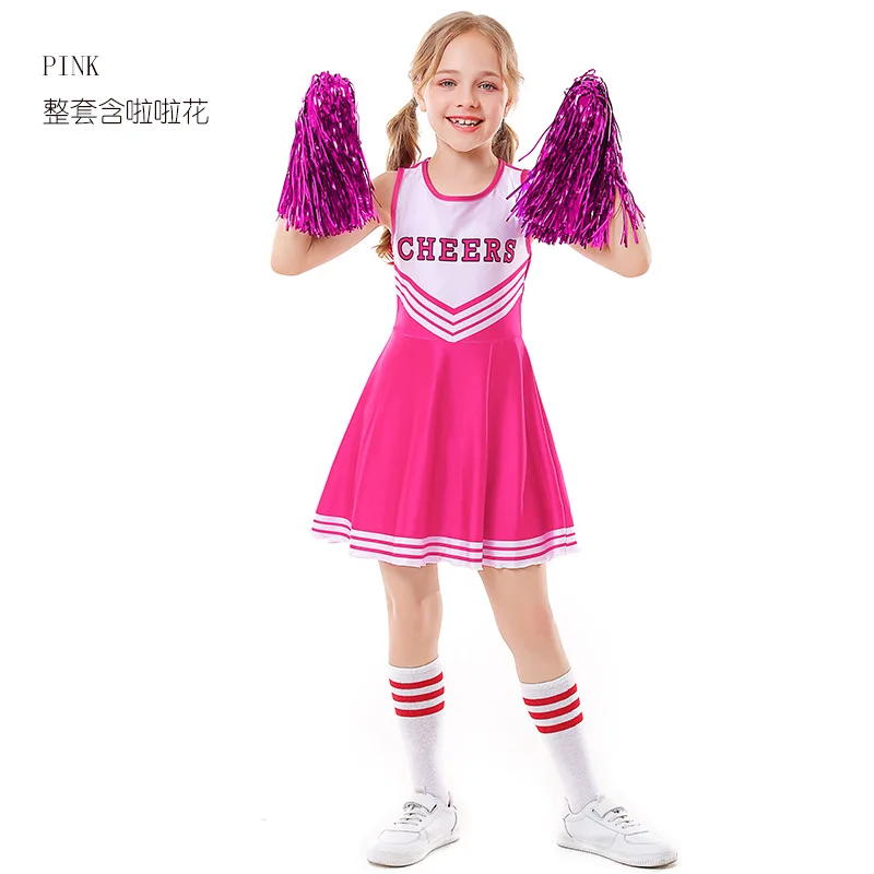 Kids Girls Cheerleading Uniform Dress With Flower Balls Sets Children Cheering Team Dancewear Dance Outfits Cheerleader Costumes