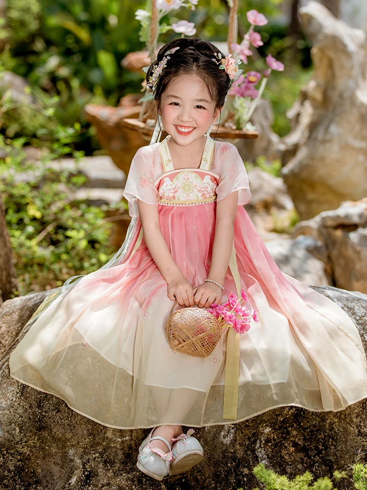 

Летнее 2024 детское Оригинальное сказочное платье Hanfu с коротким рукавом в китайском стиле для девочек