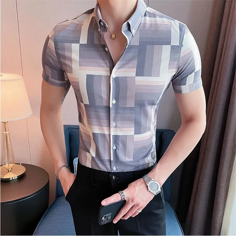 

British Style Summer Lattice Short Sleeved Shirt Men's Clothing 2022 Vintage Business Slim Fit Dress Shirt Social Party Tuxedo
