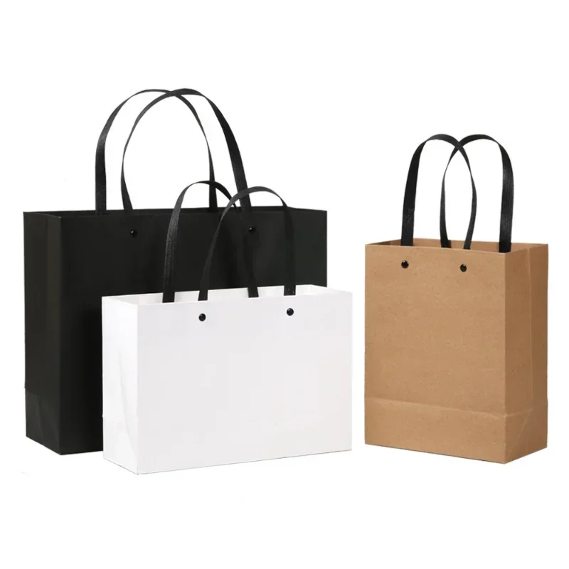 

White Kraft Paper Bag Gift Tea Bag High End Durable Clothes Shop Handbag Thick Square Shopping Bag Handle Cowhide Bags 10pcs