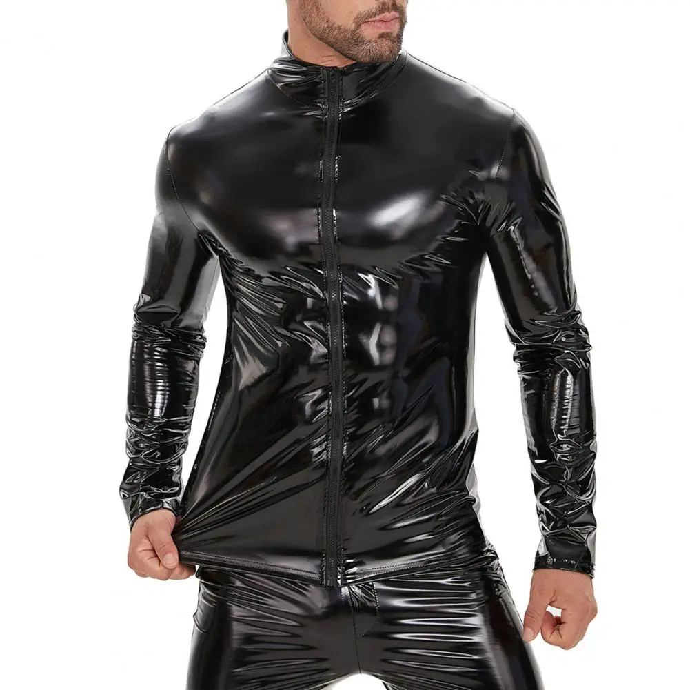Description Picture 6 of itemMen High-gloss Faux Leather Jacket Men's Faux Leather Party Nightclub Jacket with Stand Collar Zipper Closure Smooth for Night