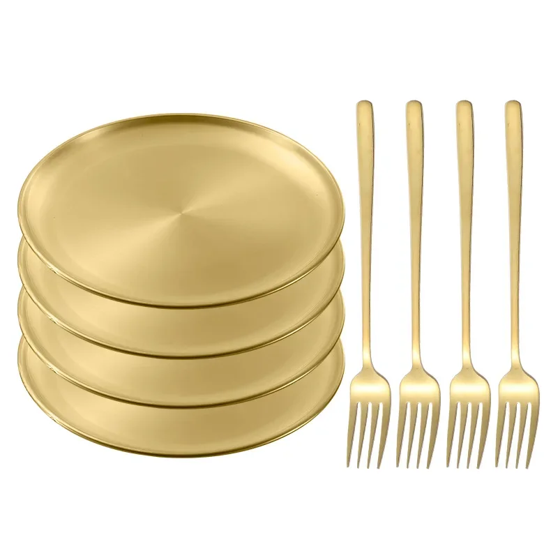 8Pcs Stainless Steel Bone Spitting Dish Korean Style Gold Shallow Tray Fork Metal Dining Disc Round Plate Dessert Tableware
