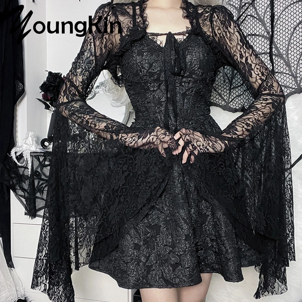 

Youngkin кружевной женский прозрачный Укороченный кардиган с расклешенными рукавами в стиле панк Хэллоуин