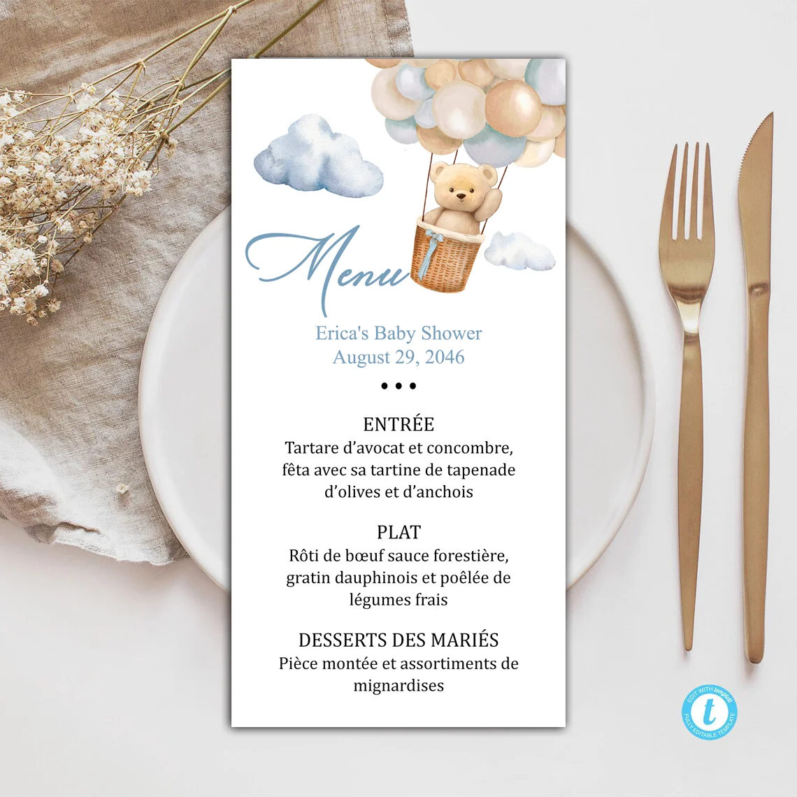 Blush Pink Floral christening menu Cards, Personalized, Wedding, Shower, Dinner, Brunch