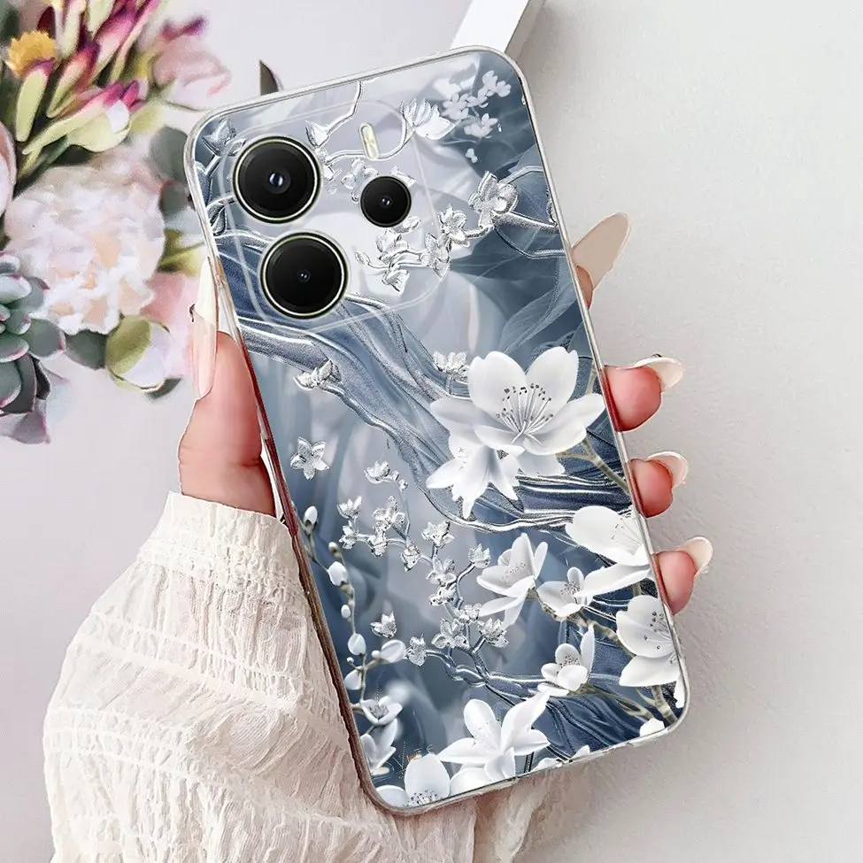 Clear Aesthetic Luxury Cute Cat & Floral Painted Soft Phone Case Cover