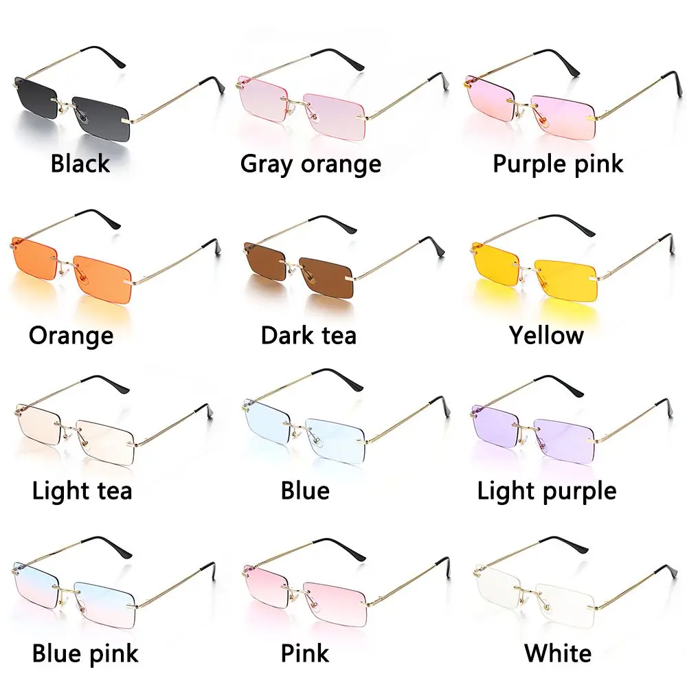 Unisex Small UV400 Eyeglasses Sun Glasses Rectangle Rimless Women Vintage Sunglasses Gradient Glasses