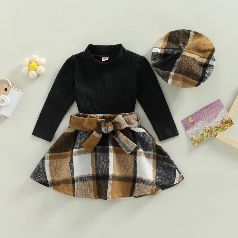 FOCUSNORM 3 stücke Mode Herbst Kinder Mädchen Kleidung Sets 0-4Y Rollkragen Langarm Pullover Tops + Plaid A-Line Gürtel Röcke + mützen