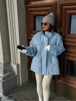 Col montant Multi poche taille cintré vêtements de travail femmes manteau bouton à manches longues haut ample automne dame loisirs vacances manteaux 3