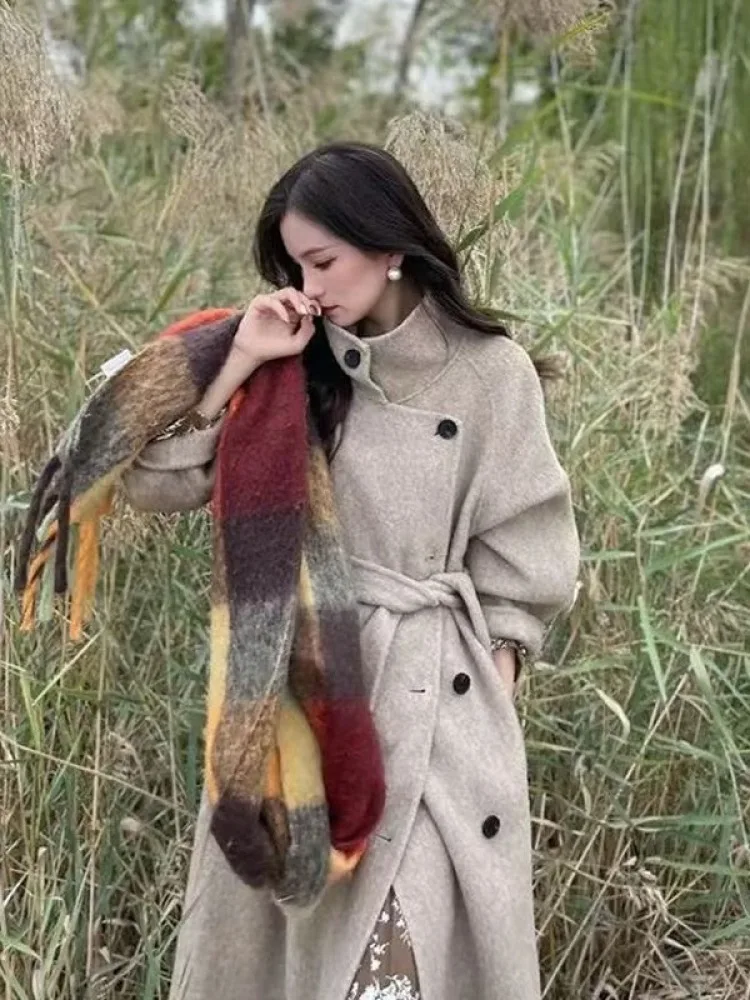 Women's Winter Vintage Long Wool Coat Jacket with Belt Stand