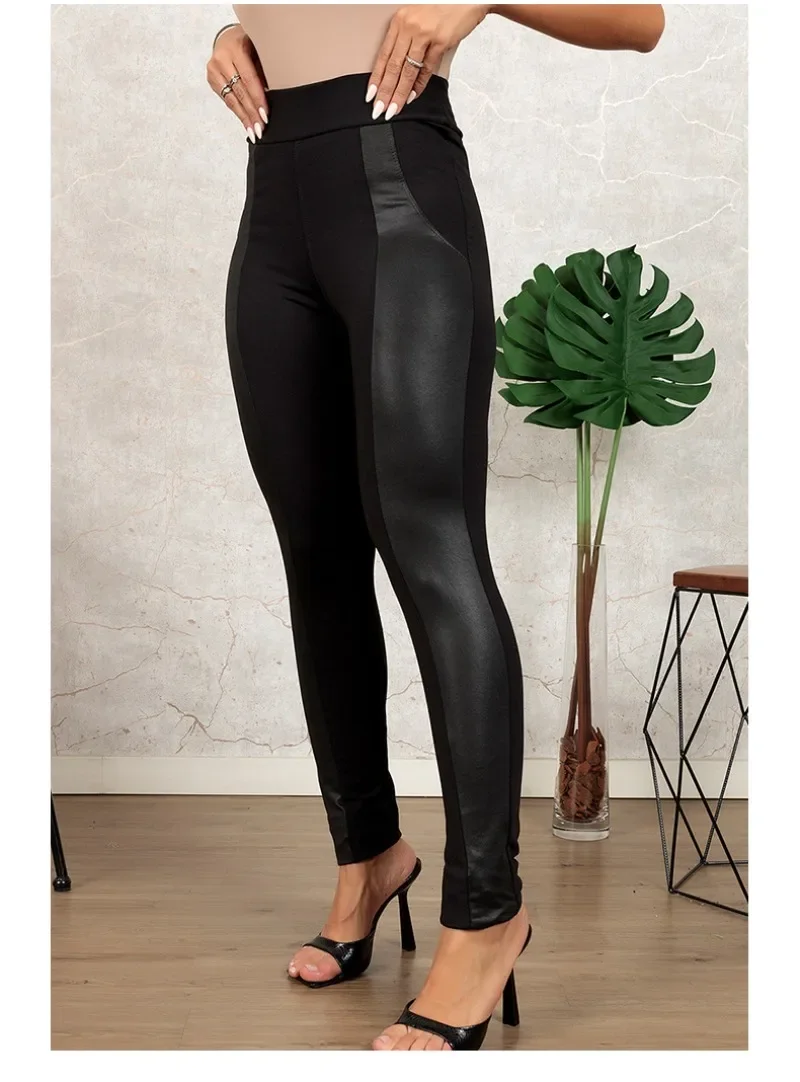 2024 New Women's Knitted Leather Patchwork Pencil Pants Black Sexy High Waist Elastic Waist Trousers Slim Leggings NASY0013