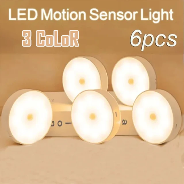 2 ~ 6 Pack détecteur de mouvement LED veilleuse USB Rechargeable 3 couleurs lampe de nuit armoire armoire lampe escalier sans fil placard lumière 1