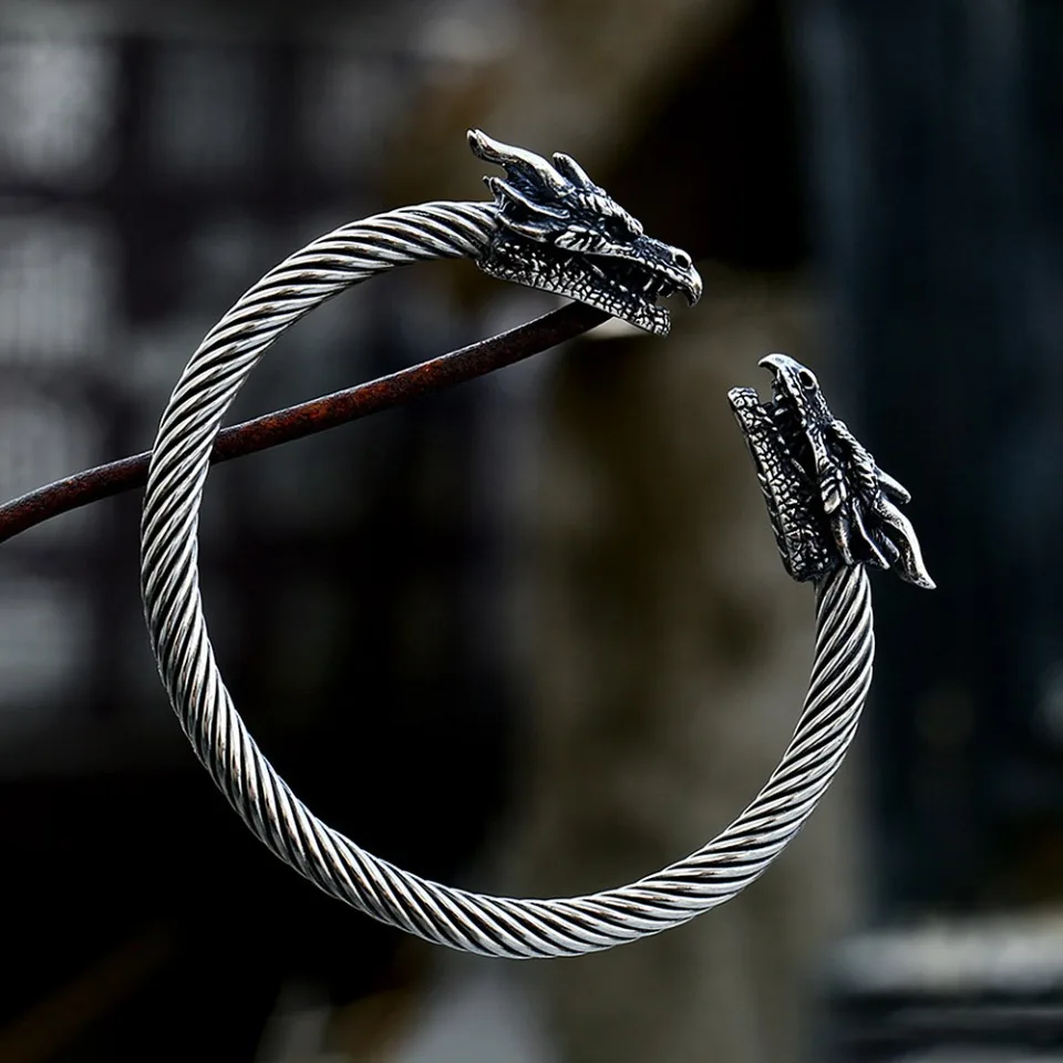 Vintage Viking Double Dragon Heads Bracelet Punk Stainless Steel Animal Open Bracelet for Men stainless steel bracelet bangle bracelet