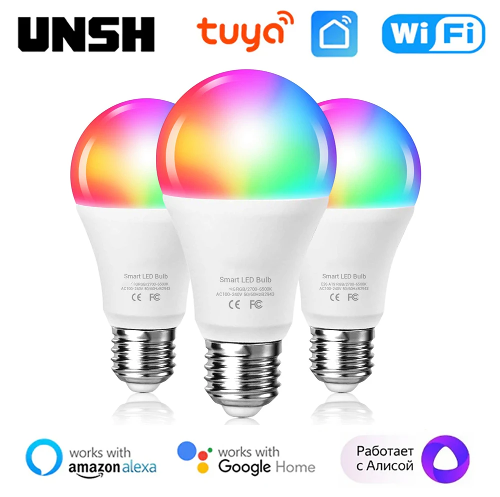 Tuya 15W WiFi E27 Smart Dimmable Bulb RGBCW 100-240V LED Light Smart Life App Control Support Alexa Google Home Alice smart light bulb adapter