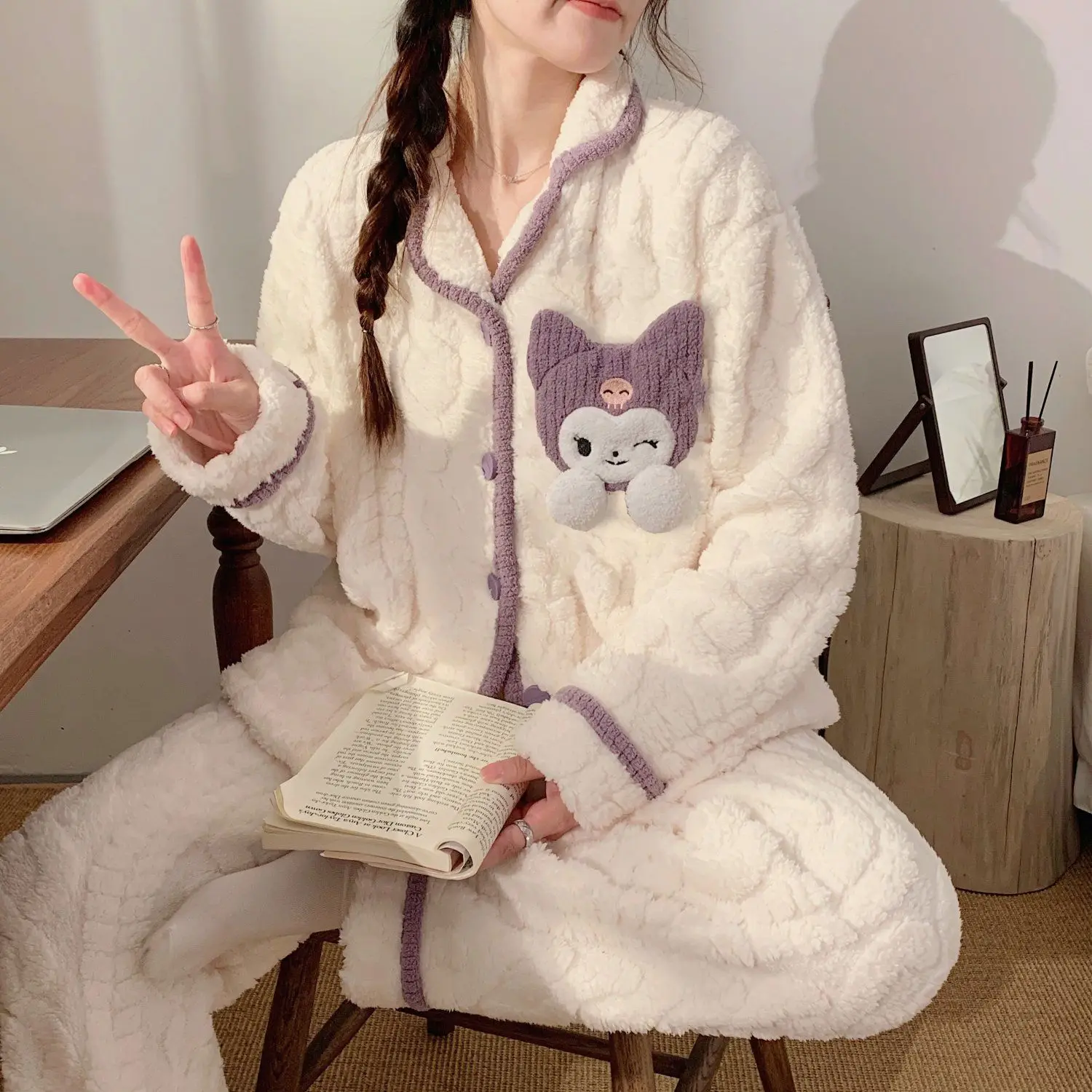 

Пижама Sanrio Clow M Женская на весну и зиму, домашняя одежда из плотного кораллового флиса, кардиган, костюм