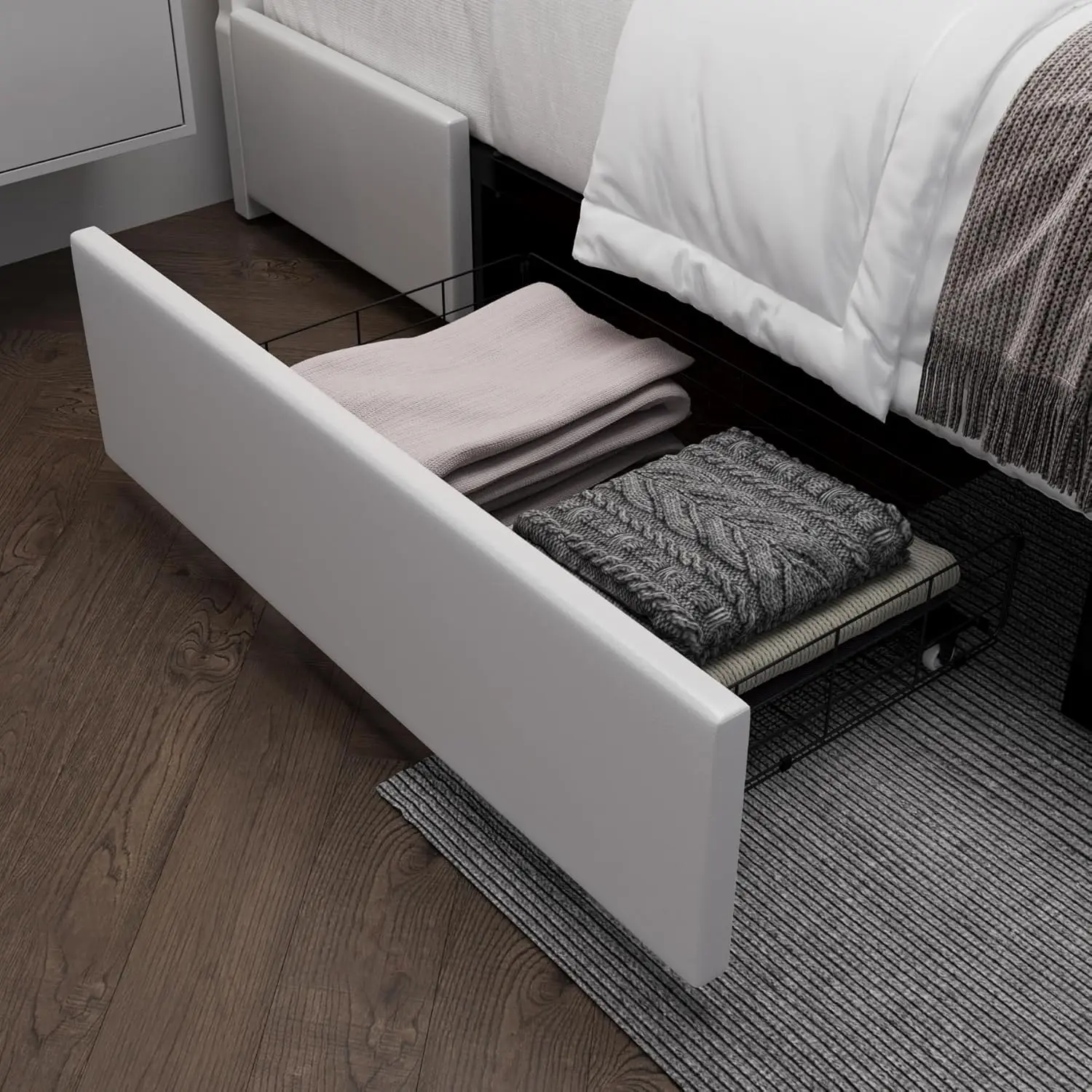 Queen Bed Frame with RGB LED Lights Headboard & 2 Storage Drawers, Modern Upholstered Faux Leather Smart Plat  White