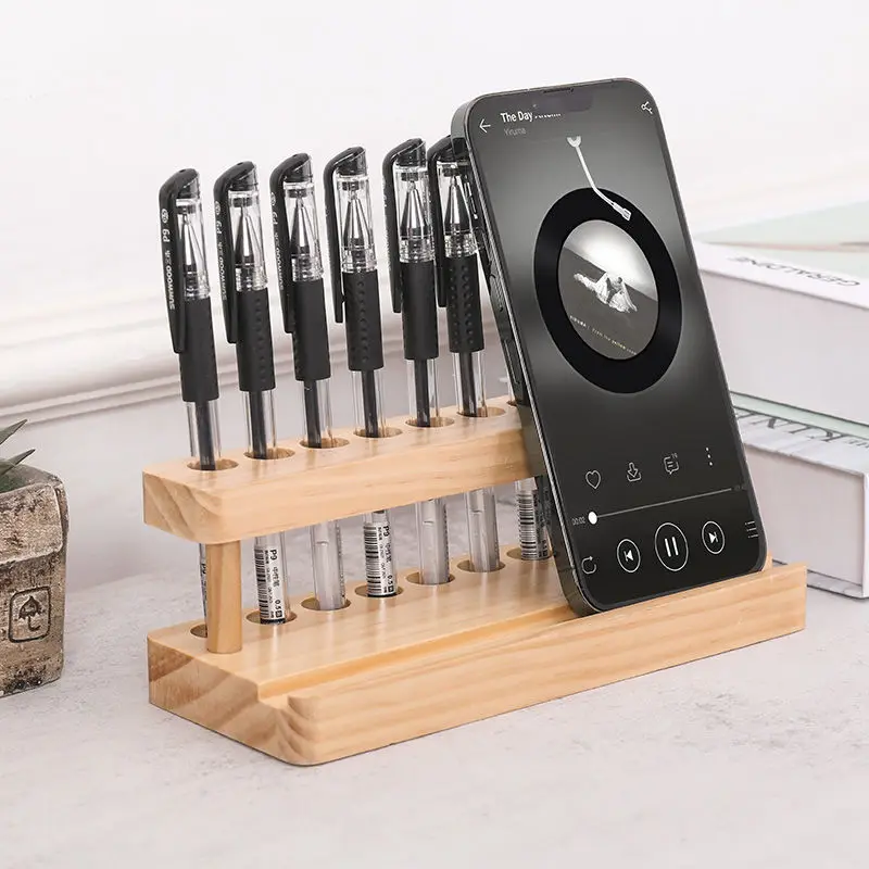 

Multifunction Pine Wood Pens Holder Wooden Desktop Storage Organizer Phone Stand Creative Office School Accessories