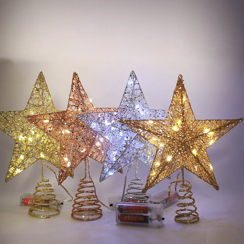 Iron Glitter Powder Christmas Tree Topper Star with LED Copper Wire Lights Merry Christmas Tree Decor for Home Navidad Ornaments images - 6