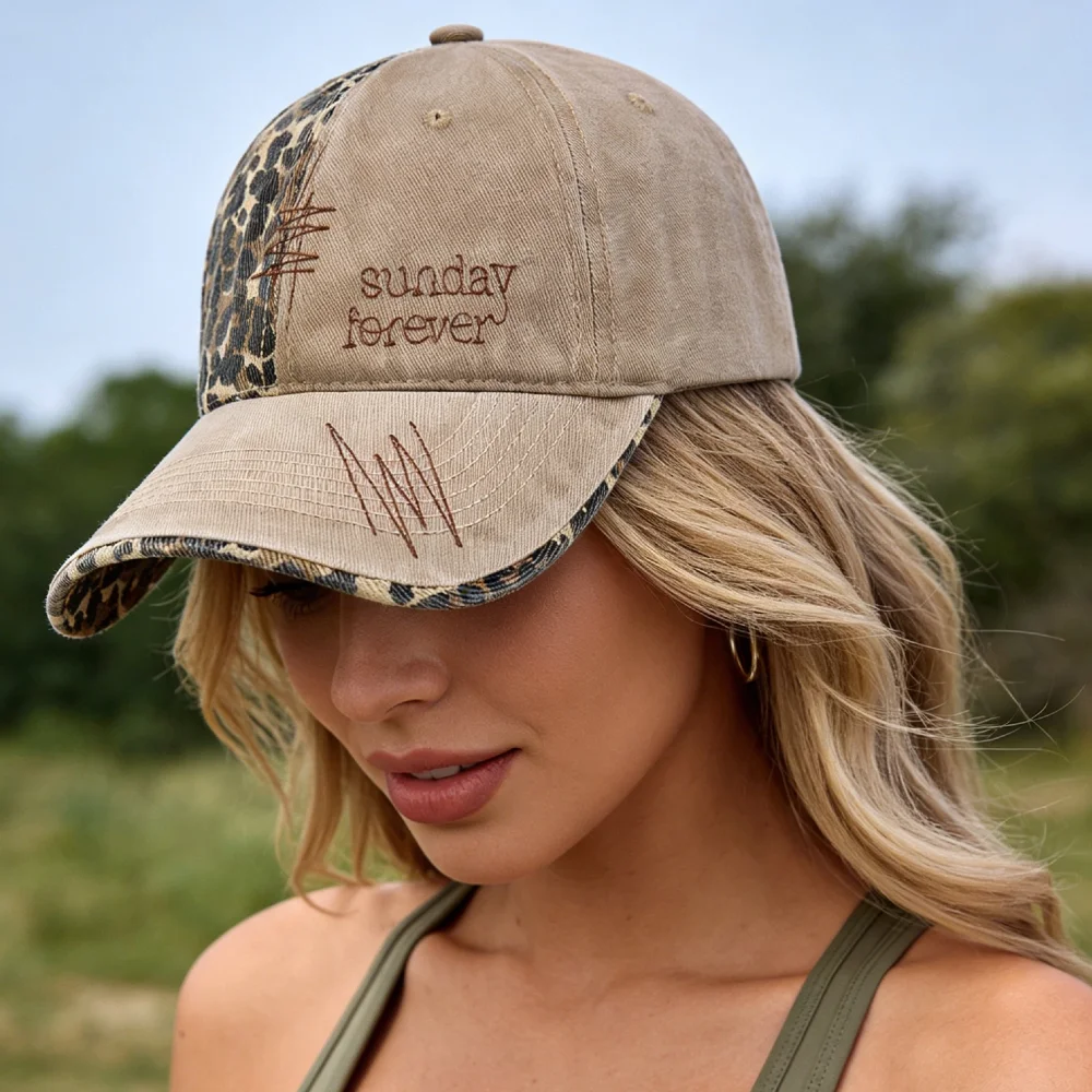 Neue Y2K-Baseballkappe, modische Leoparden-Patch-Mütze aus gewaschener Baumwolle für Damen, lässiger Boho-Streetwear-Stil, trendige Damenmützen. – Detail 13