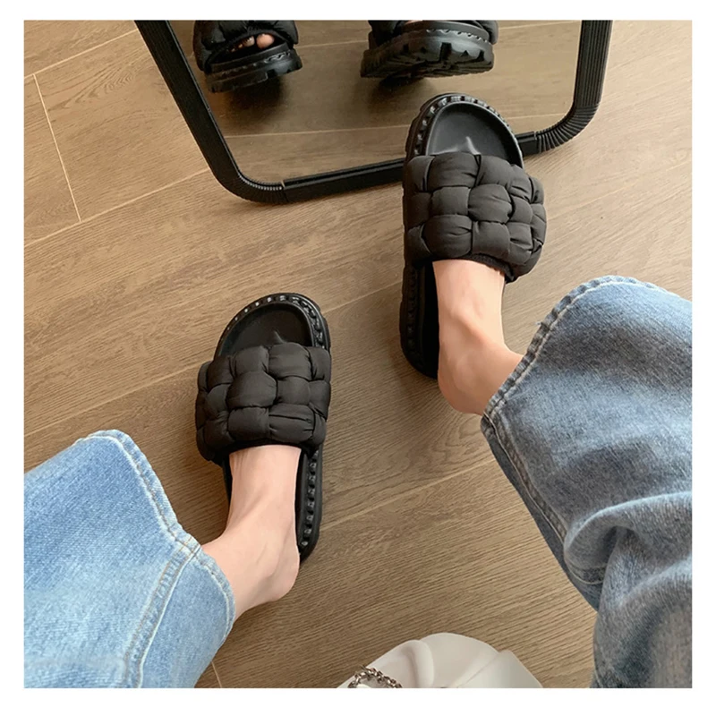2022 Flats Shoes Woven Soft Women's Slippers Platform Summer Muller Slippers Outdoor Leisure Slip On Slides Open Toe Bread Shoes