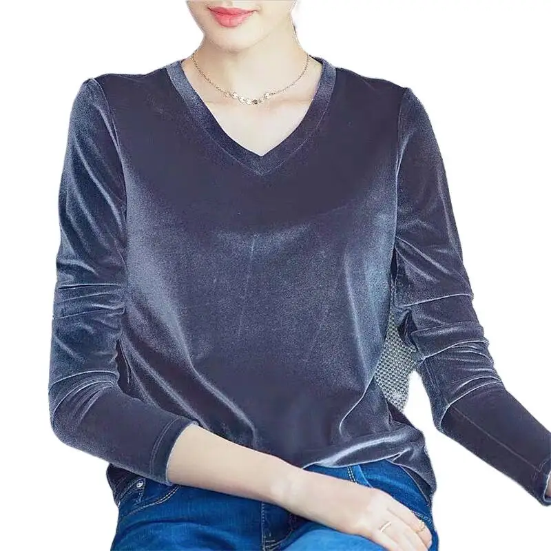 

2024 Autumn Winter Office Lady Velvet Tops Workwear Women Full Sleeves T-Shirts Female Clothing Tops blusas mujer