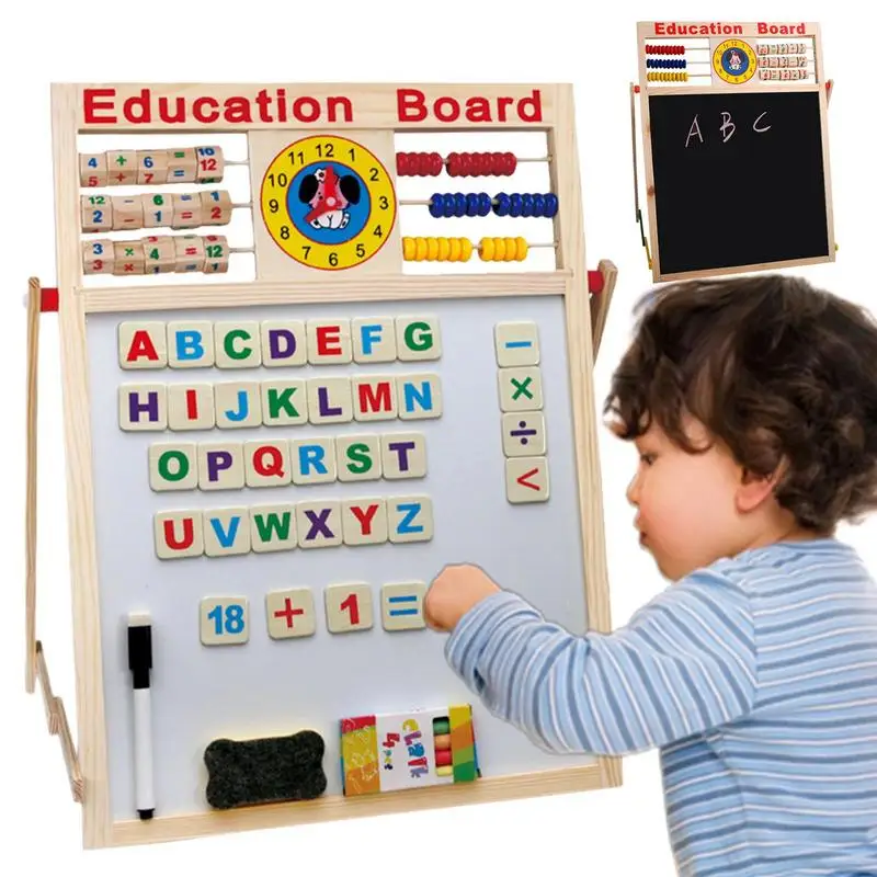 Wooden Kids Easel Drawing Board Double-Sided Toddler Drawing Chalkboard Magnetic Dry Erase Board With Abacus Bracket Type Wooden