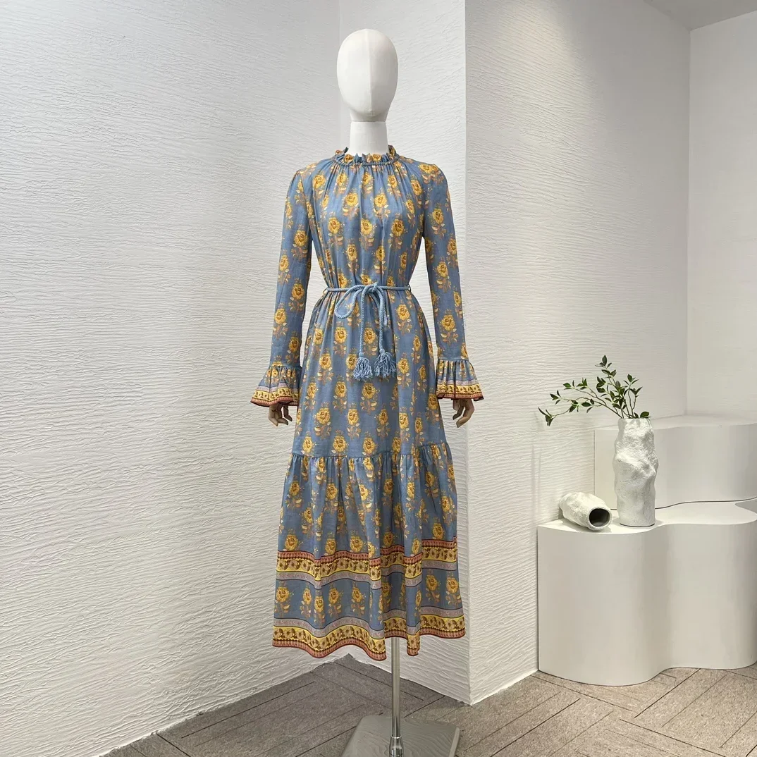 

Yellow Floral Print Long Flare Sleeve Midi Dress with Belt 2024 New High Quality Vintage Women Clothes Beach Style for Holiday