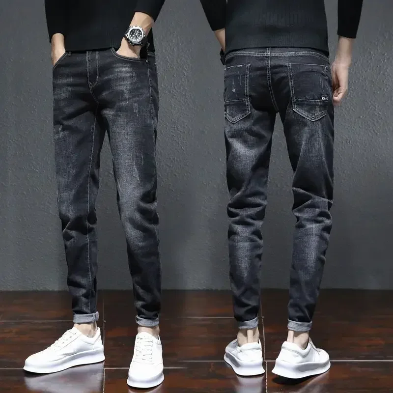 Pantalones con bolsillos, vaqueros para hombre, pantalones vaqueros ajustados para hombre, pantalones vaqueros elásticos ajustados, ajustados, estilo coreano de otoño 2024, casual