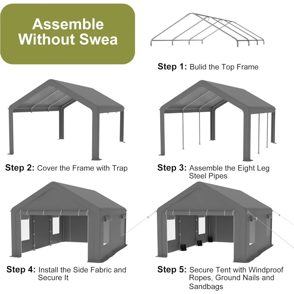 13x20ft Carport Portable Upgraded Garage,Heavy Duty Carport with4Roll-up Doors &4Ventilated Windows,UV Resistant Waterproof Tarp