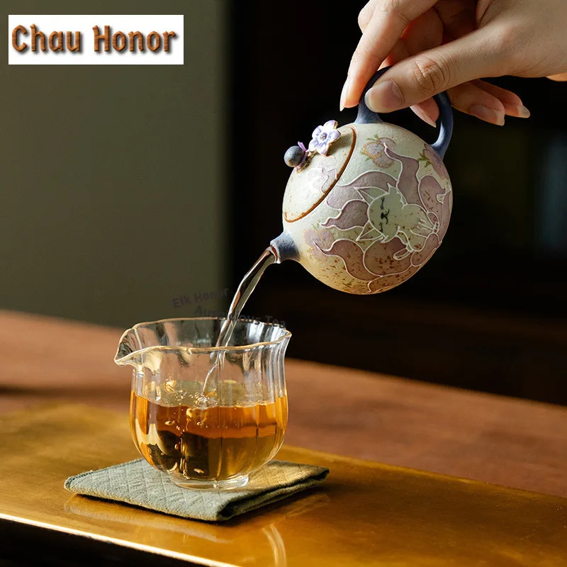 150ml Hand-drawn Fox Teapot Handmade Tea Infuser Pot Tea Brewing Kettle With Ball Hole Chinese Tea Set Accessories Collectible