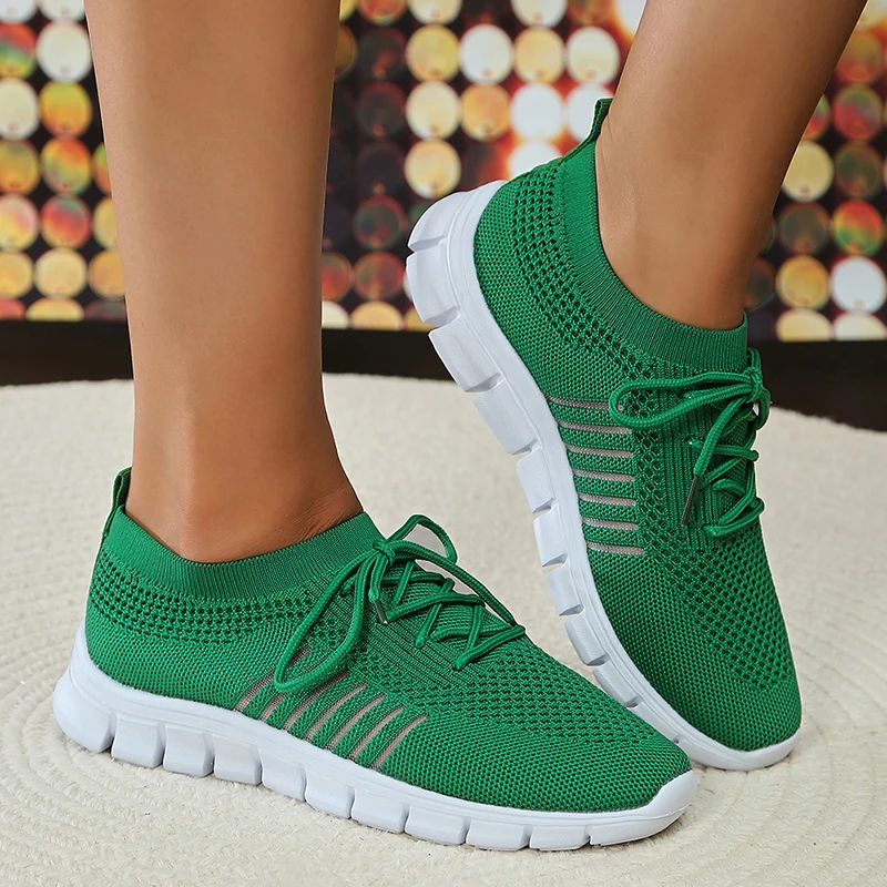 

Green Knitted Mesh Breathable Sneakers Women 2023 Autumn Slip On Soft Sole Flats Woman Plus Size 43 Light Casual Walking Shoes