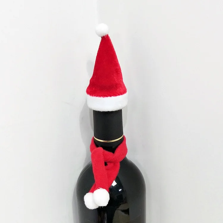 4pcs Festival Red Wine Beverage Bottle Decoration Mini Christmas Hat Doll Christmas Small Hat Scarf Knife and Fork Accessories christmas beanie hat