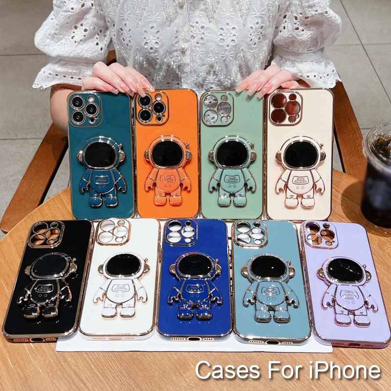 Electroplated Astronaut Bracket Phone Case with Silicone Protective Lens Cover