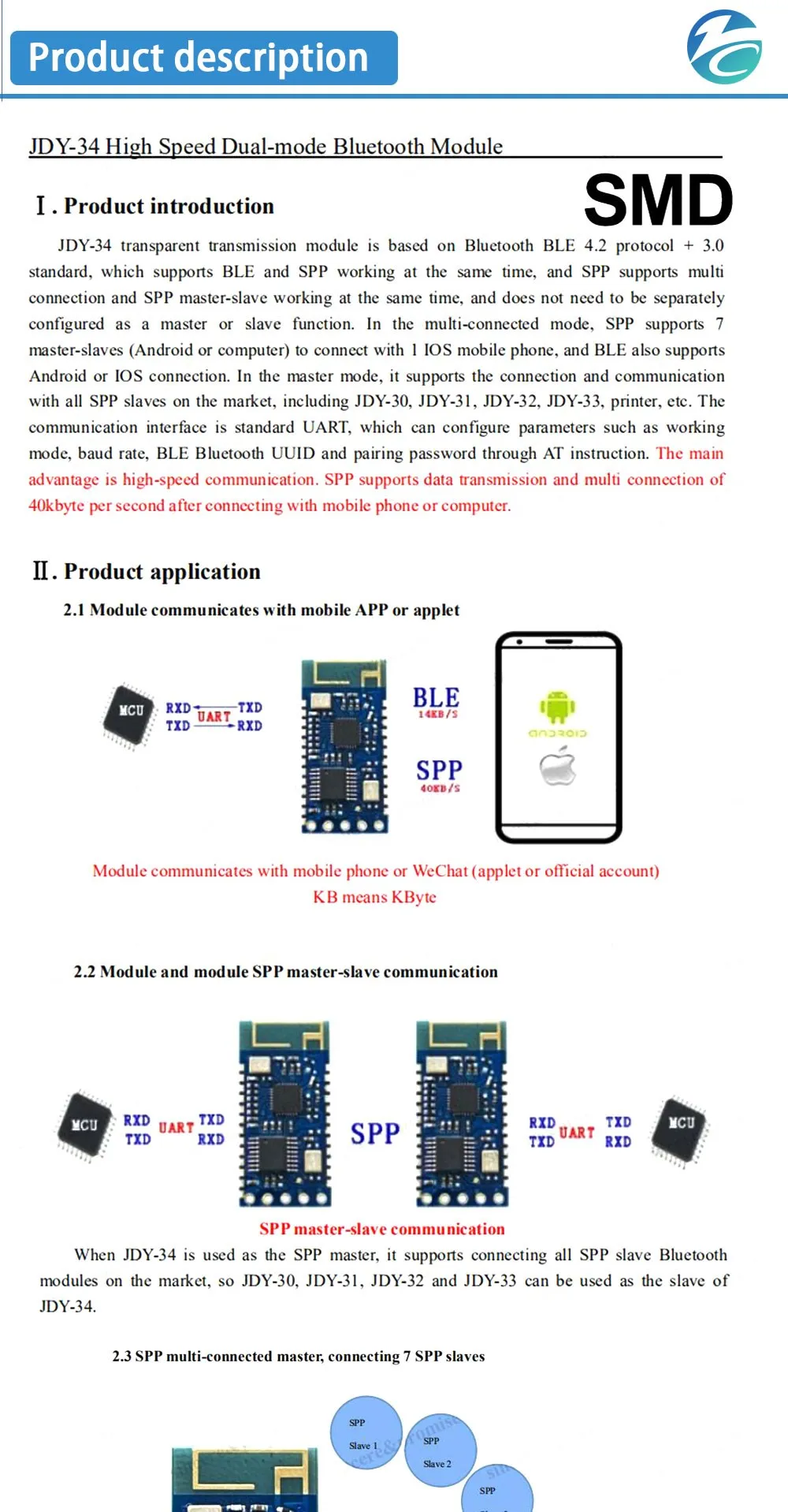 4,2 JDY-34 SPP-C Host Dual-Mode 2,4g Bluetooth-Modul 4db Drucker unterstützt Multi-Maschine-Verbindung kompatibel mit HC-05 HC-06 – Detail 1