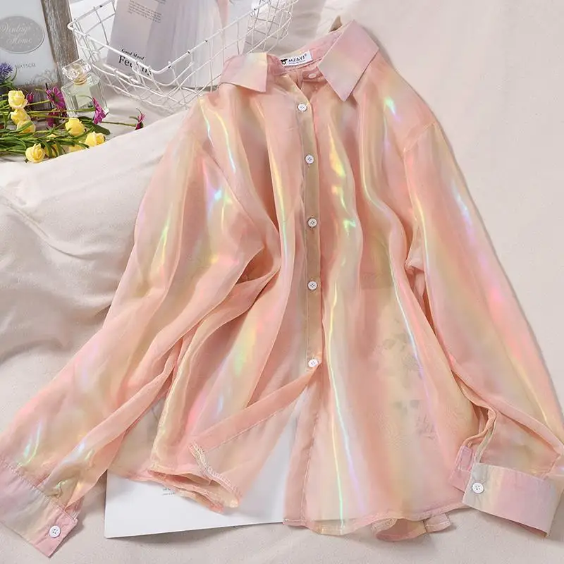 

HOUZHOU Oversized Long Sleeve Transparent White Shirt Top Pleated Blouse Solid Sparkles Fairycore Women Beach Tunic Korean Style