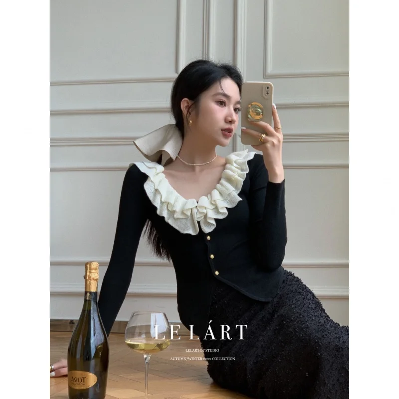 

Solid Color Lotus Leaf Collar Long Sleeve Pullover Slim Fit Splicing Design Knit Sweater Women