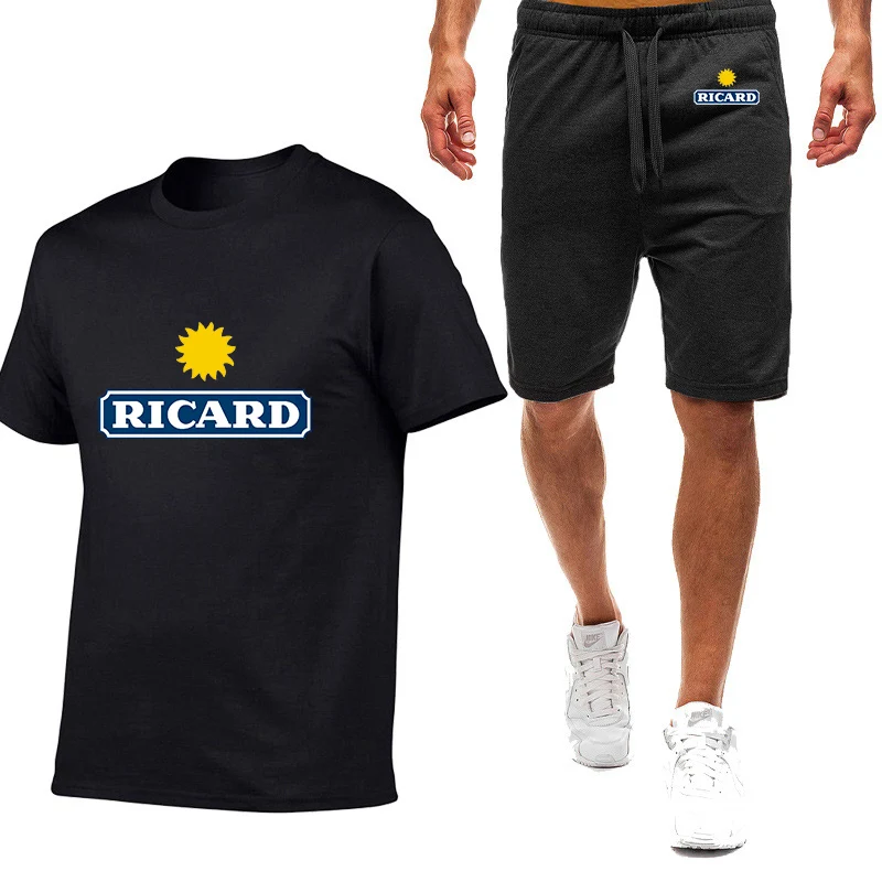 

2023 new men's printed RICARD fashion summer solid color cotton nine-color short-sleeved casual slim T-shirt sweatpants 2-piece