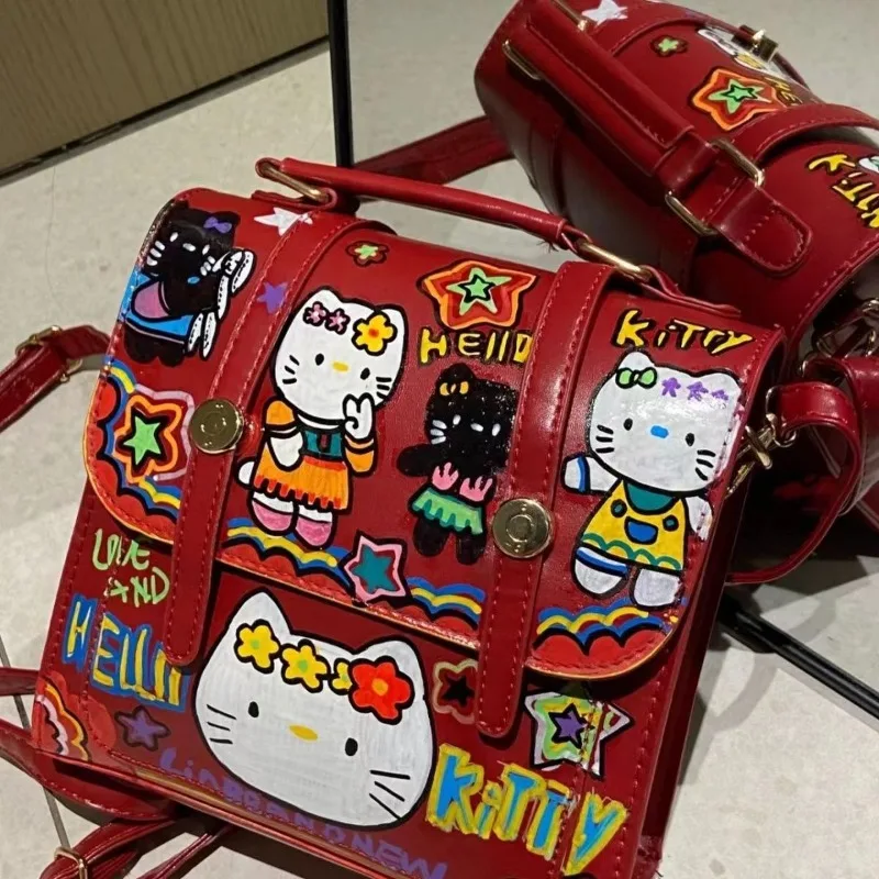 Mochila MBTI Hello Kitty para Mulheres, Quadrado Bonito, Vintage, Vermelho, Harajuku, Mochilas Casuais, Designer de Moda Feminina, Bolsa de Luxo, Graffiti