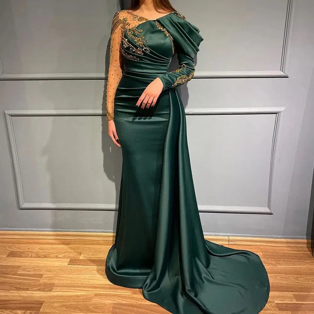 Happy Custom Dubai Mermaid Arabic Evening Dress For Women Wedding Long Sleeve Beaded Appliques Elegant Formal Party Gown