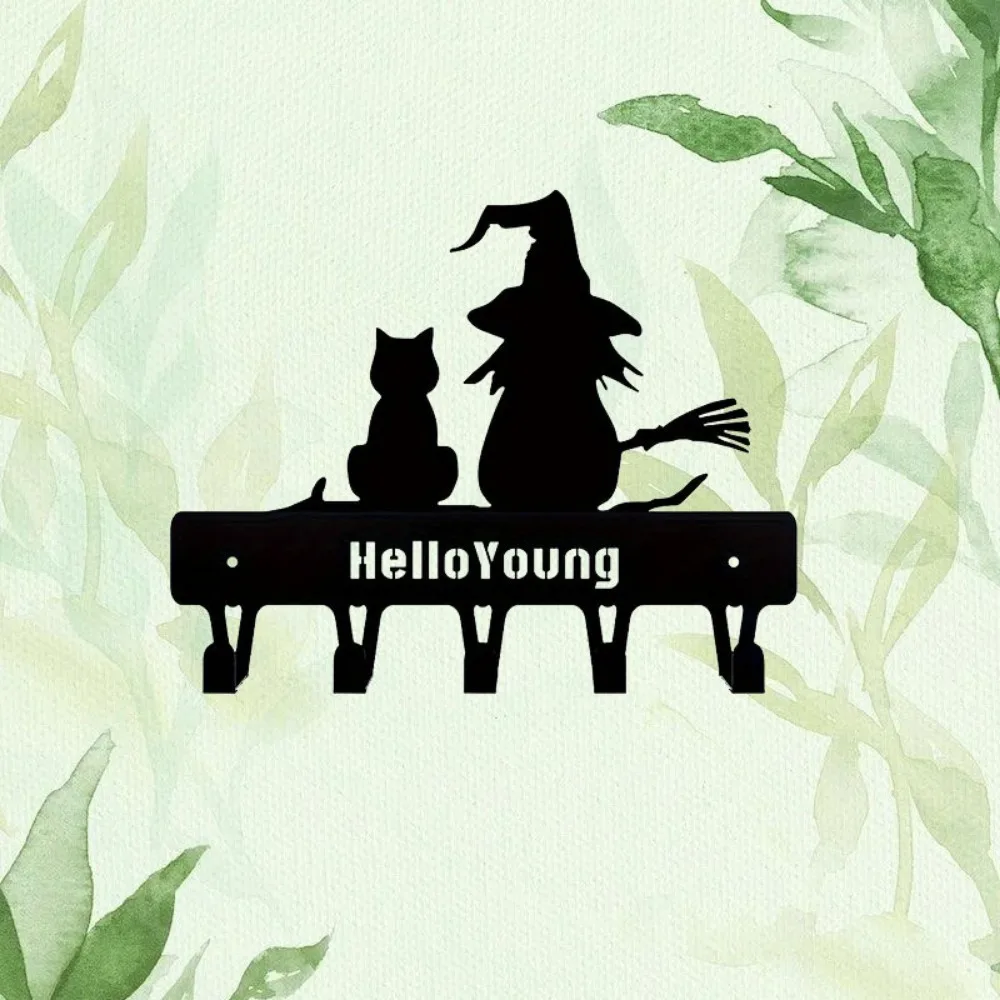 Iron Silhouette Cute Witch And Cat Garden Stake On The Branch Yard Art Decor, Tree Stump Plug-in, For Garden Lawn Courtyard