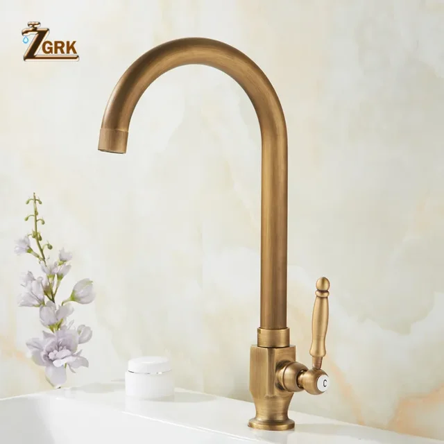 ZGRKเย็นก๊อกน้ำห้องครัวAntique Bronzeสำเร็จรูป 360 องศาSINGLE Hole Water TAP Cooper KITCHEN TAP 4