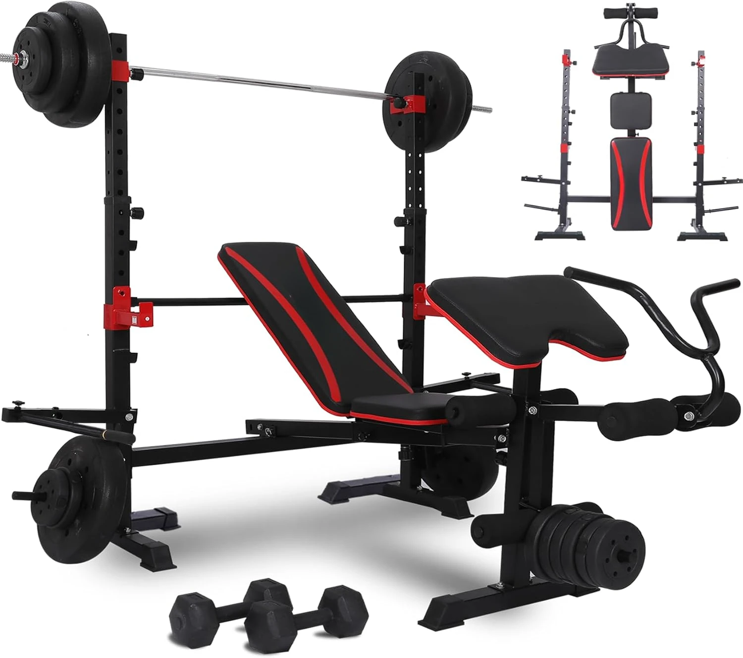 Weight Bench Set with Leg Extension/Curl and Preacher Curl, Bench Press Set and Squat Rack, Foldable Workout Benches for Home