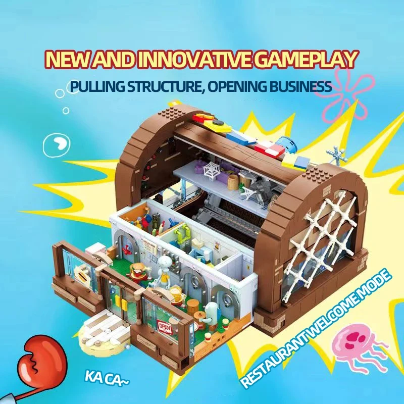 Spongebob Cartoon Krusty Krab Restaurant Building Blocks Creative Canteen Scenes Model Bricks Desktop Ornaments Toy For Kid Gift 3