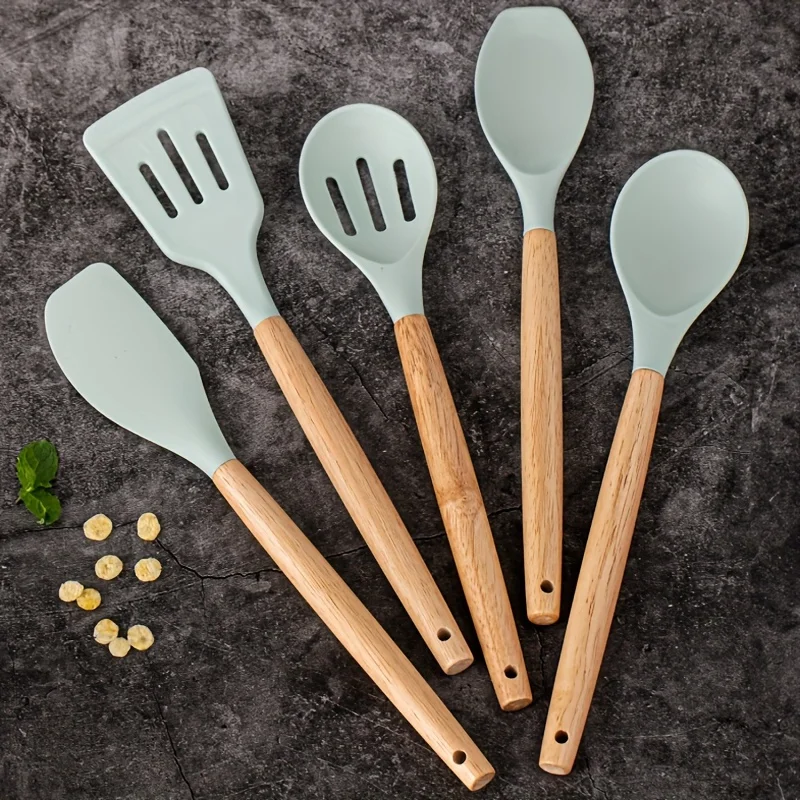 Ensemble d'ustensiles en silicone avec support en plastique, 14 pièces