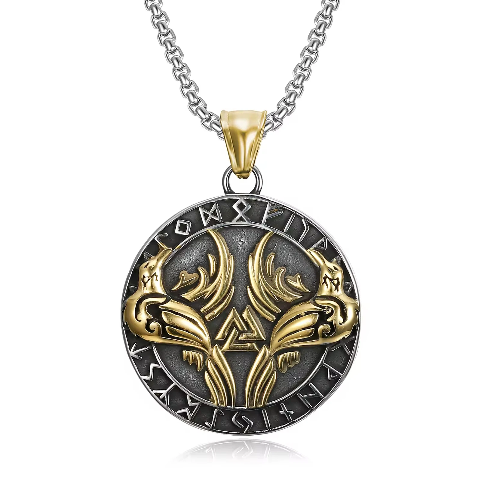 vintage stainless steel jewelry ，The Twin Ravens Pendant raven skull compass viking necklace pendant