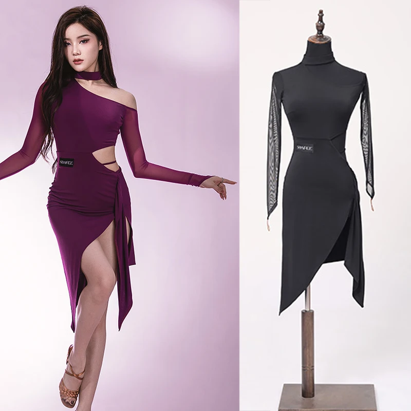 

Sexy Slanted Shoulder Cutout Latin Dance Dress Mesh Long Sleeved Ballroom Dance Performance Dresses Practice Clothes SL6260